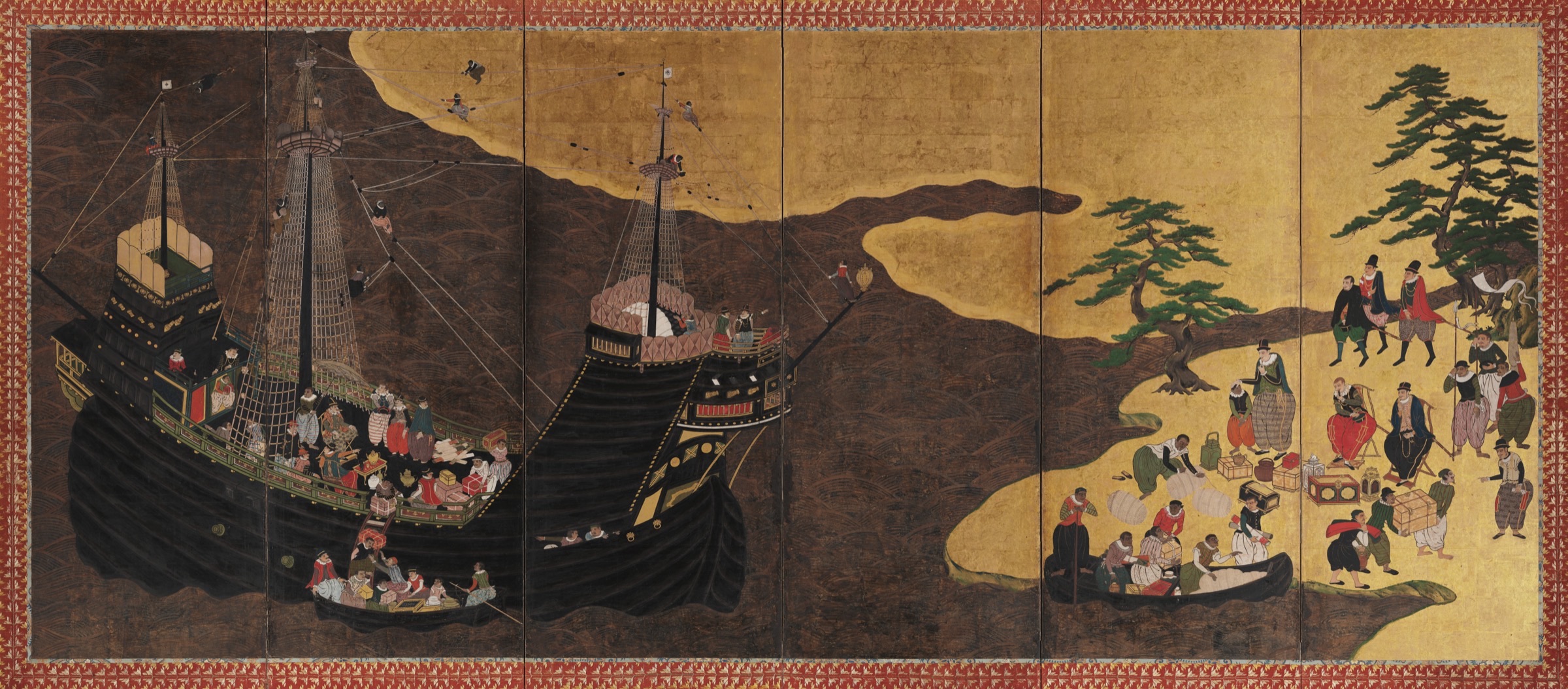 Nanban byōbu attributed to Kanō Dōmi, right-hand screen: carrack and Portuguese traders at Nagasaki