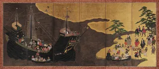 Detail of The Black Ship (kurofune) on Namban folding screens