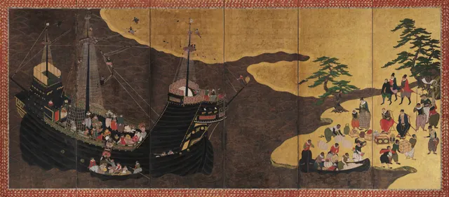 Namban folding screens attributed to Kanō Dōmi, right-hand screen: carrack and Portuguese traders at Nagasaki