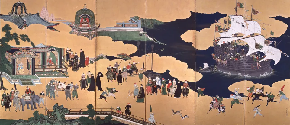 Arrival of the Southern Barbarians by Kanō Naizen, left-hand folding screen
