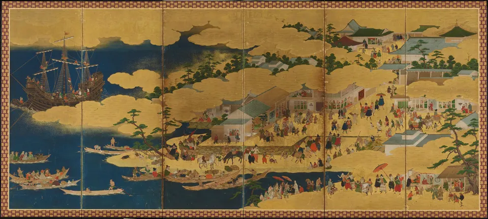 Nanban Ship Suruga Port, left-hand folding screen
