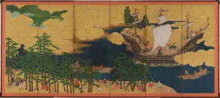 Arrival of a Nanban Ship in Suruga Bay, right-hand screen