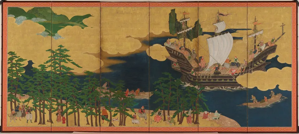 Nanban byōbu attributed to Kanō Takanobu, right-hand screen