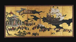 Detail of The Black Ship (kurofune) on Namban folding screens
