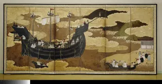 Detail of The Black Ship (kurofune) on Folding Screen with the Arrival of a Portuguese Ship